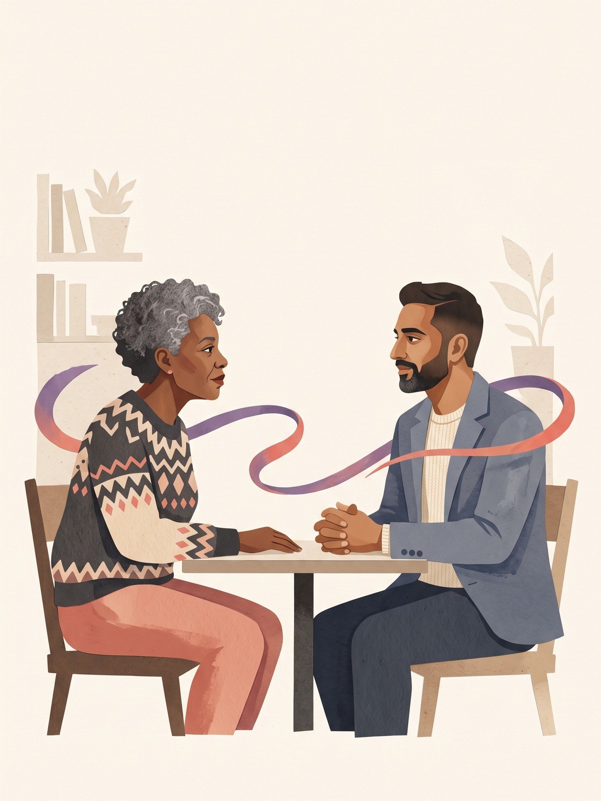 Two people in quiet conversation, connected by a flowing ribbon of color